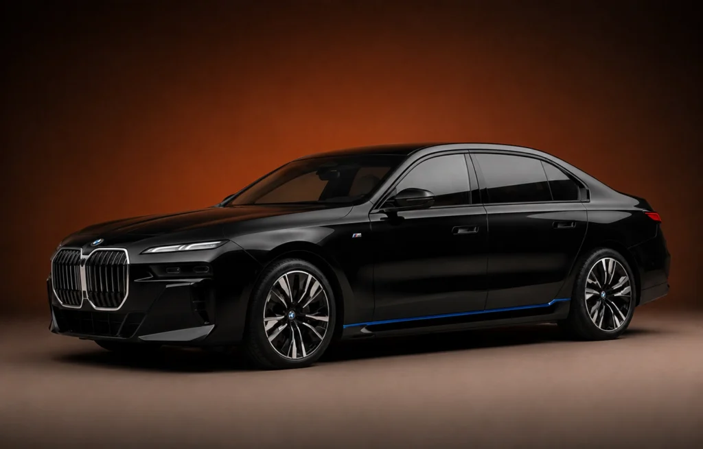 Black BMW i7 electric luxury sedan for Los Angeles chauffeur service