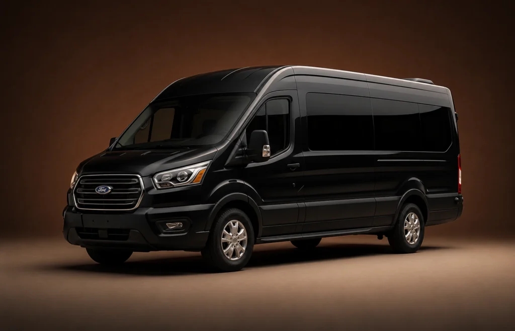 Black Ford Transit Executive 10 to 12 passenger van for Los Angeles chauffeur transportation