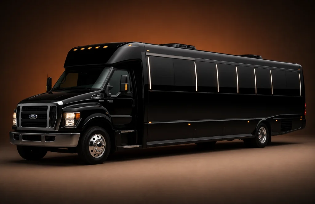 Black limo bus for Los Angeles group chauffeur and event transportation