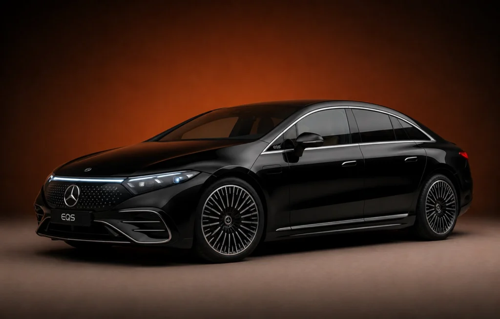 Black Mercedes-Benz EQS electric sedan for Los Angeles luxury transportation