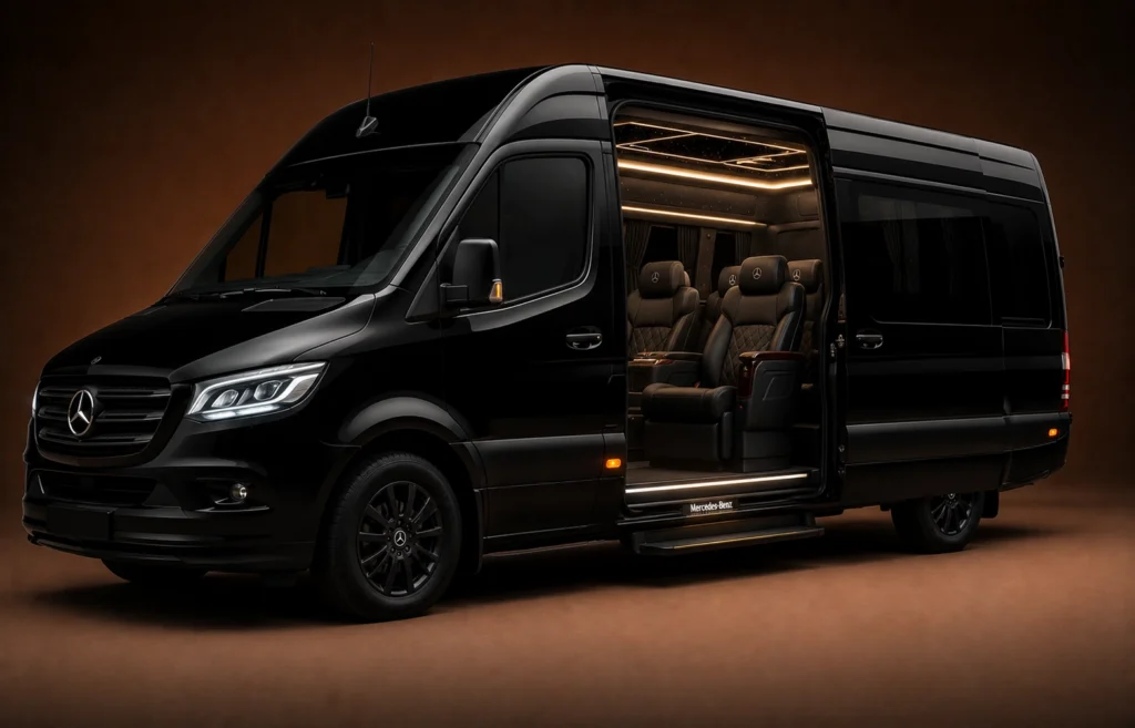 Black Mercedes-Benz Sprinter VIP van for Los Angeles luxury group transportation