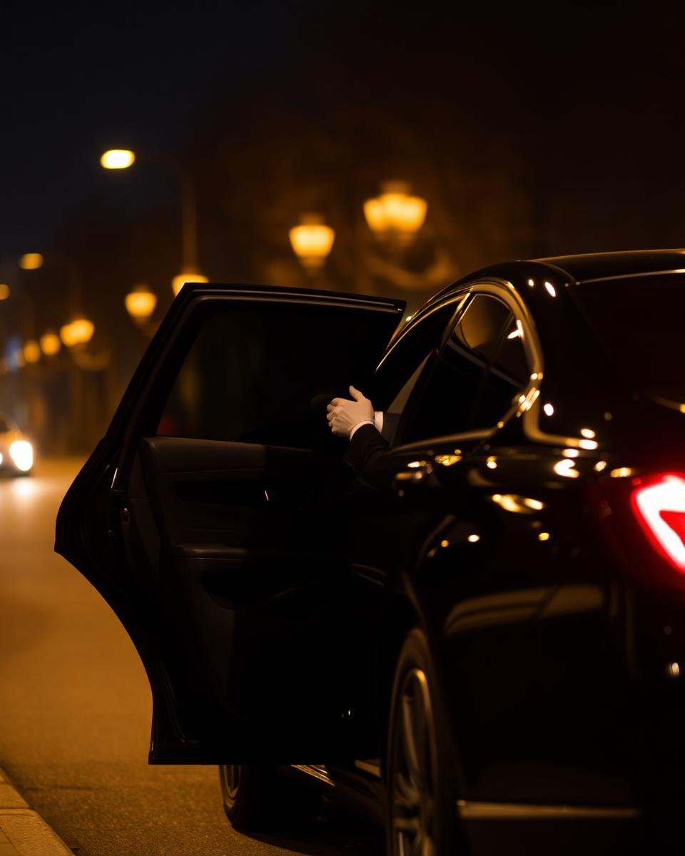 Chauffeur opening the door of a luxury sedan at night